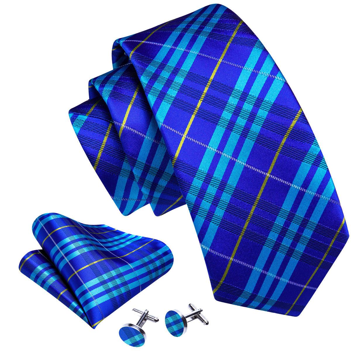 Bright Blue Plaid Silk Tie Pocket Square Cufflink Set - STYLETIE