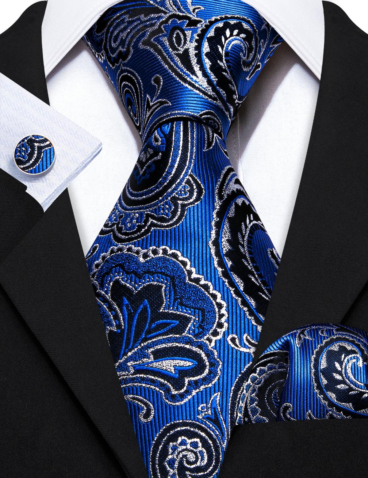 Bright Blue Silver Paisley Silk Tie Pocket Square Cufflink Set - STYLETIE