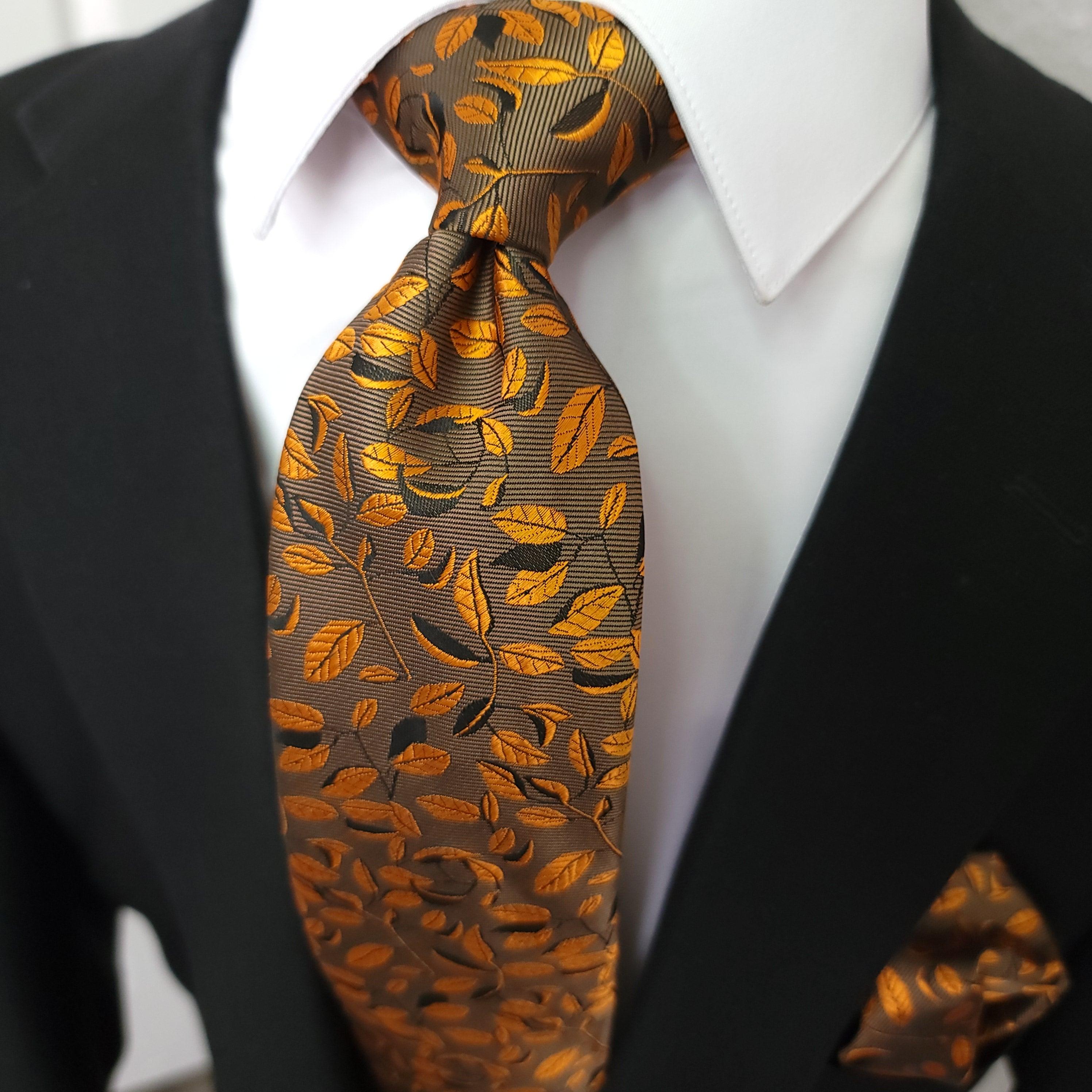 Brown Harvest Gold Leaves Autumn Floral Silk Tie Pocket Square Cufflink Set - STYLETIE