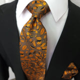 Brown Harvest Gold Leaves Autumn Floral Silk Tie Pocket Square Cufflink Set