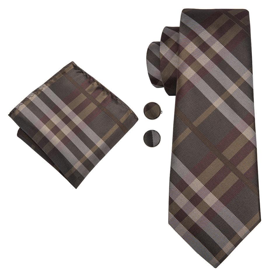 Brown Plaid Silk Tie Pocket Square Cufflink Set - STYLETIE
