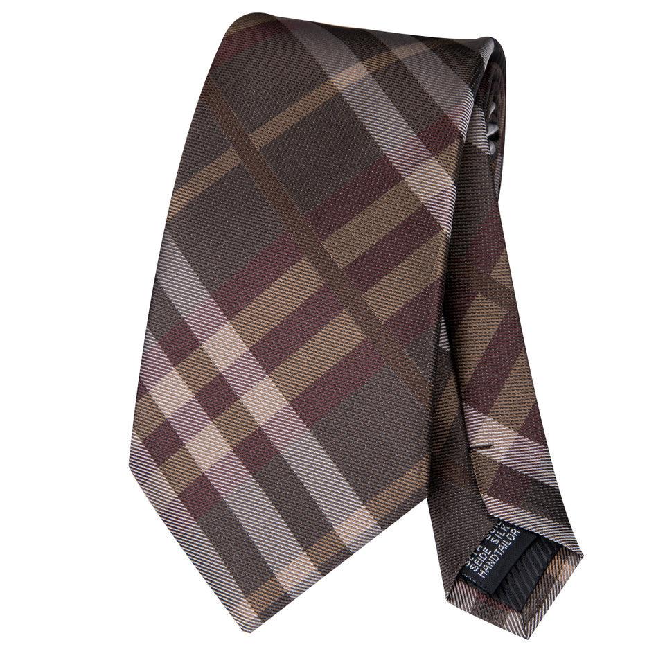 Brown Plaid Silk Tie Pocket Square Cufflink Set - STYLETIE