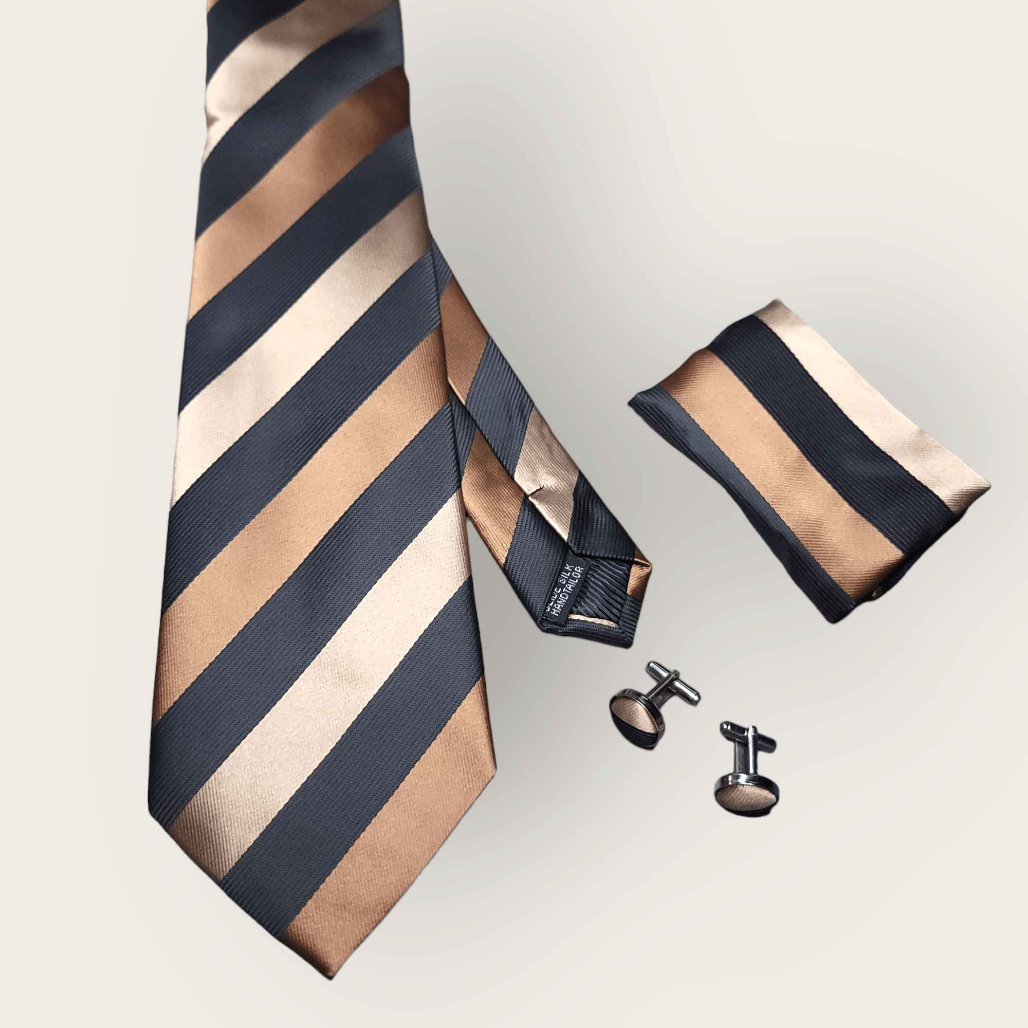 Brown Striped Black Silk Tie Pocket Square Cufflinks Set - STYLETIE