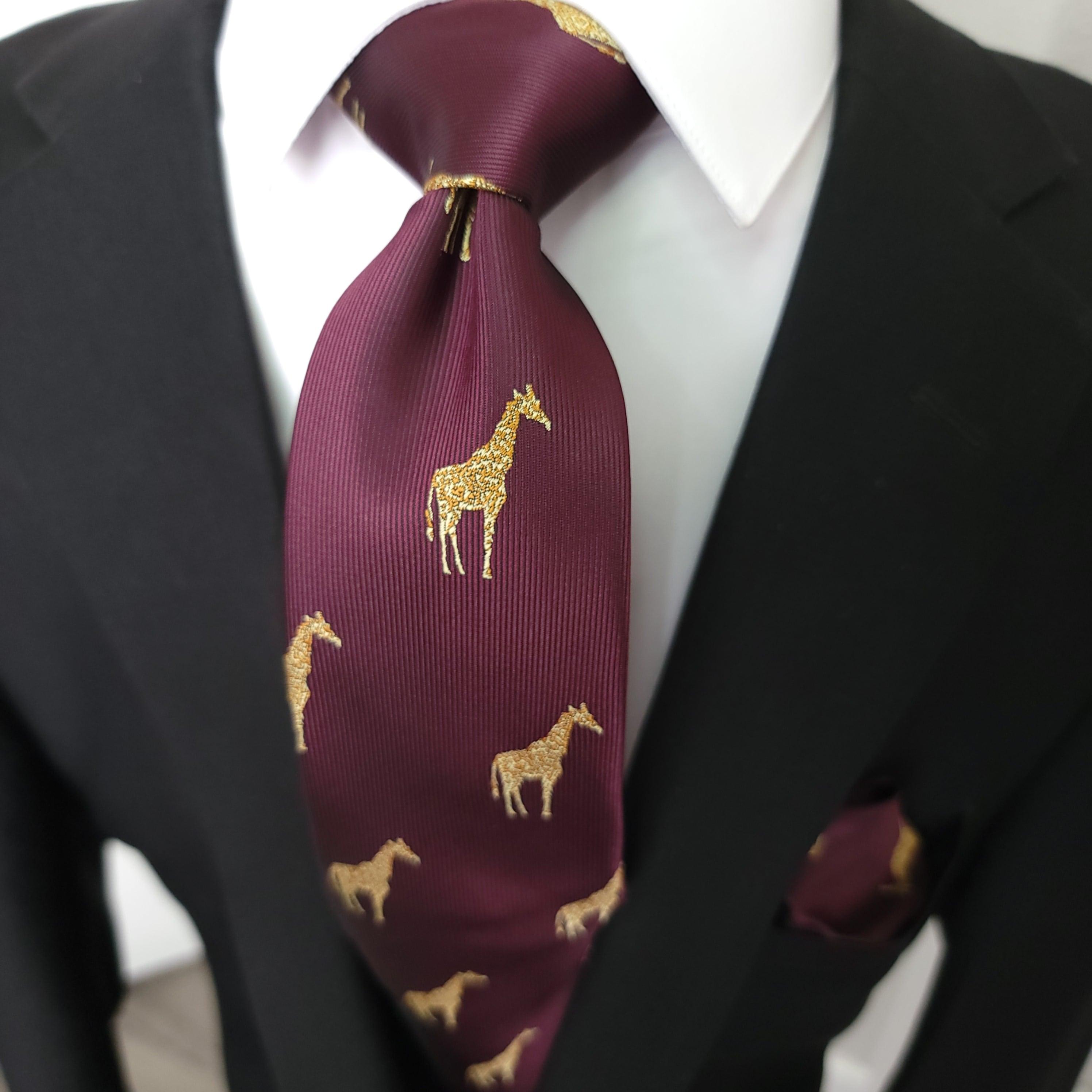 Burgundy Gold Giraffe Print Silk Tie Pocket Square Cufflink Set - STYLETIE