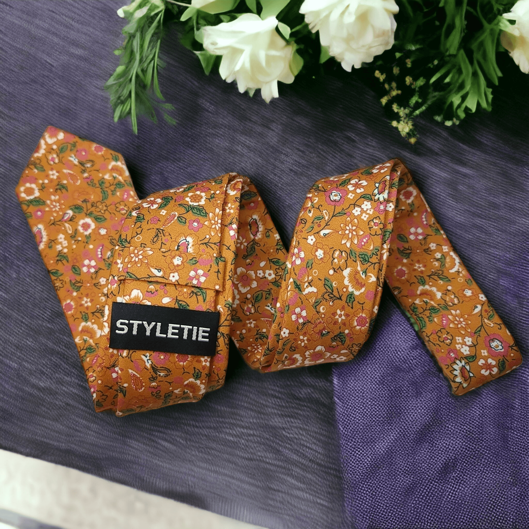 Burnt Orange Leaf Floral Slim Tie - STYLETIE