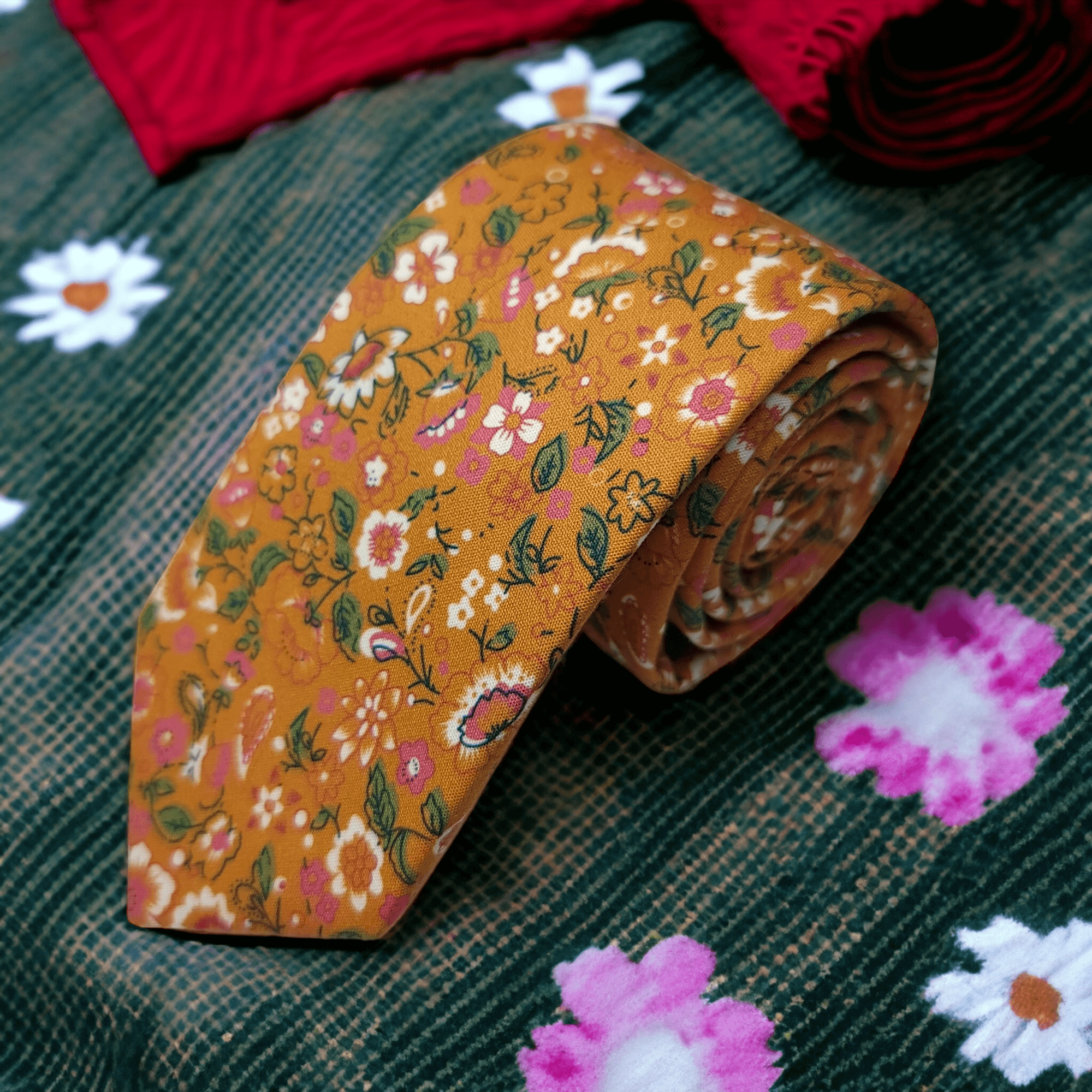 Burnt Orange Leaf Floral Slim Tie - STYLETIE
