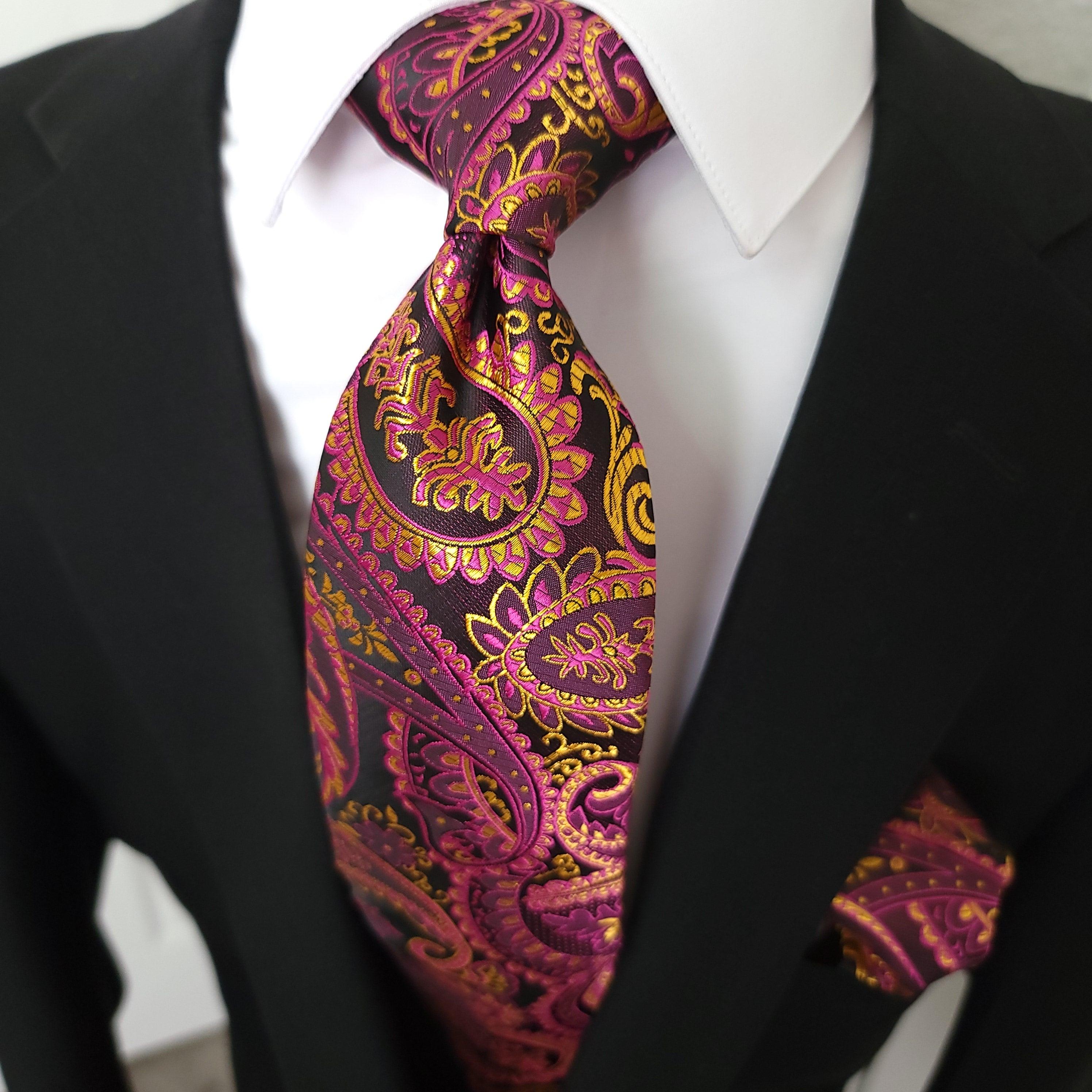 Camellia Red Gold Paisley Silk Tie Pocket Square Cufflink Set - STYLETIE