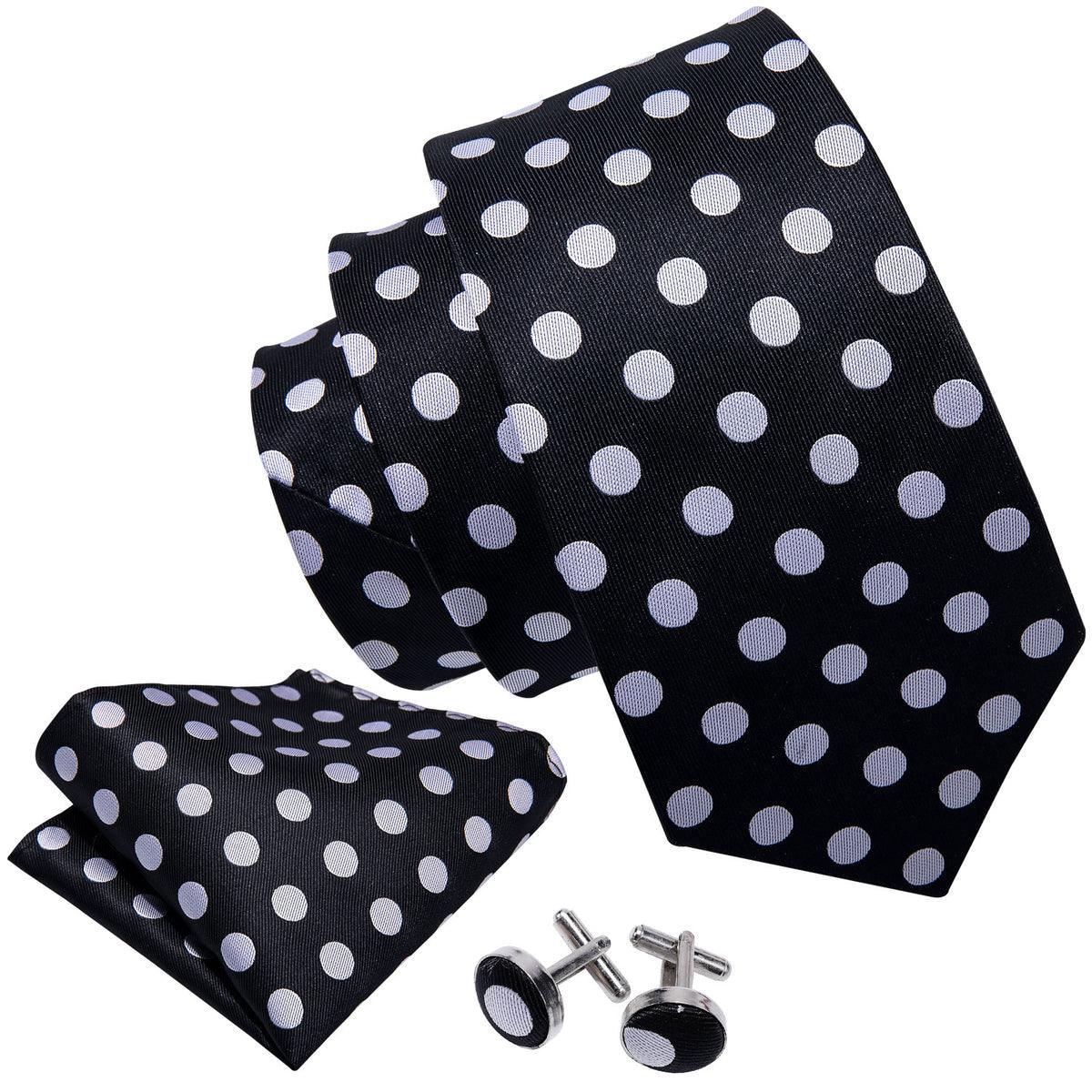 Classic Black Polka Dot Silk Tie Pocket Square Cufflinks Set - STYLETIE