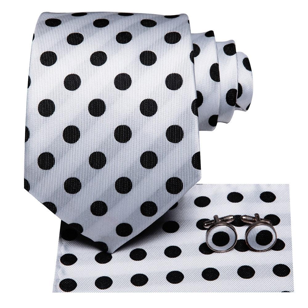 Classic White Black Polka Dot Silk Tie Pocket Square Cufflink Set - STYLETIE
