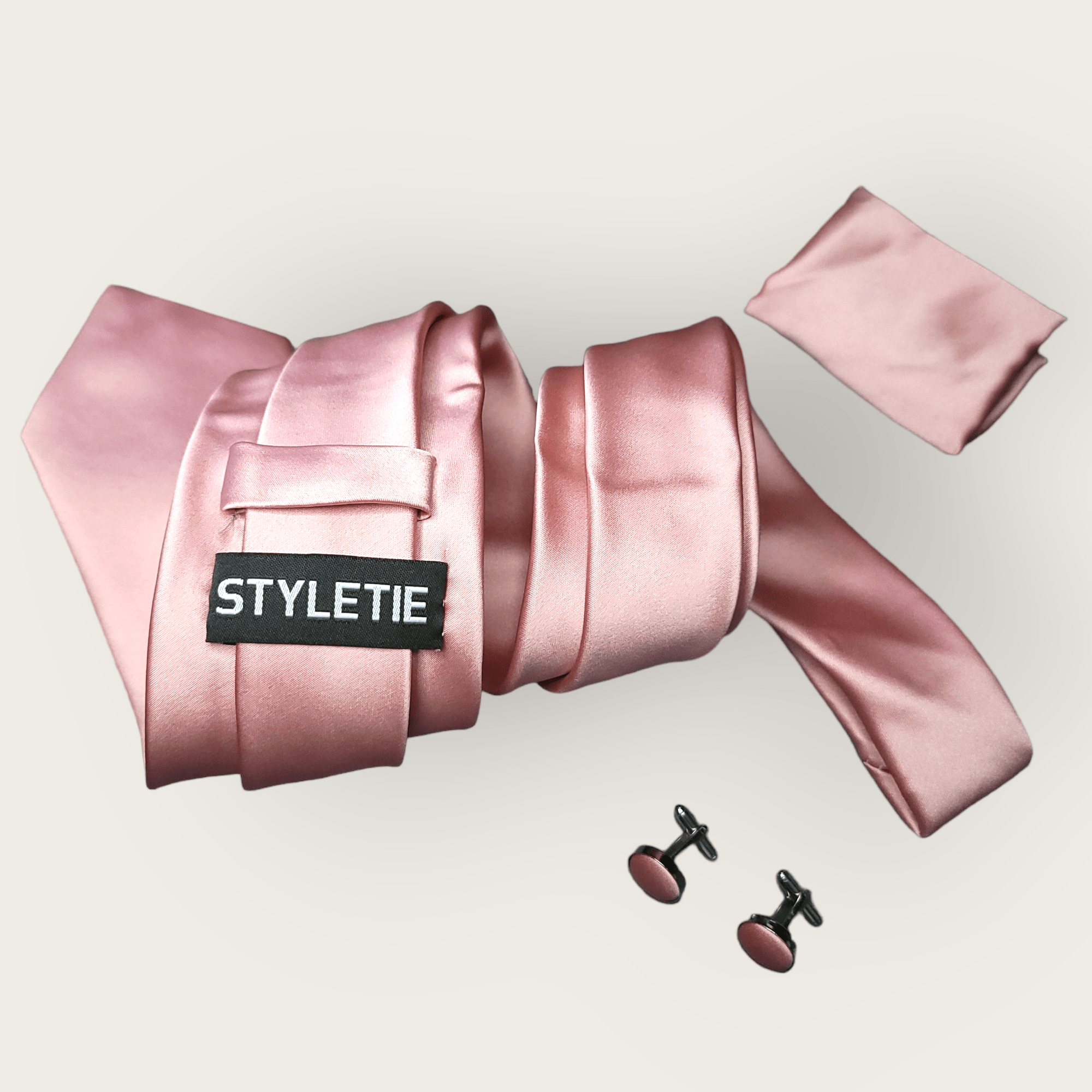 Coral Rose Gold Solid Silk Tie Pocket Square Cufflinks Set - STYLETIE