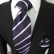 Dark Purple White Stripe Silk Tie Pocket Square Cufflink Set - STYLETIE