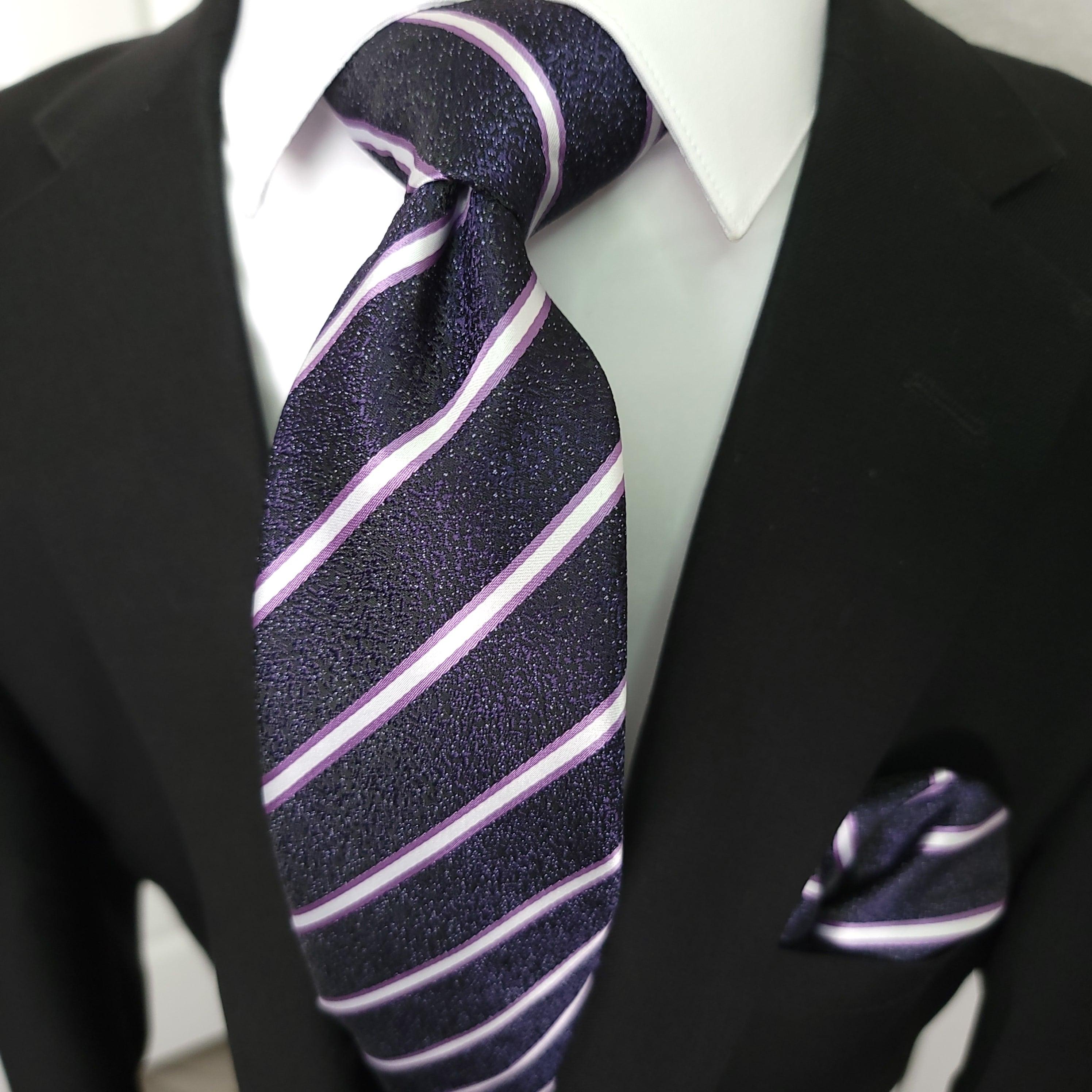 Dark Purple White Stripe Silk Tie Pocket Square Cufflink Set - STYLETIE