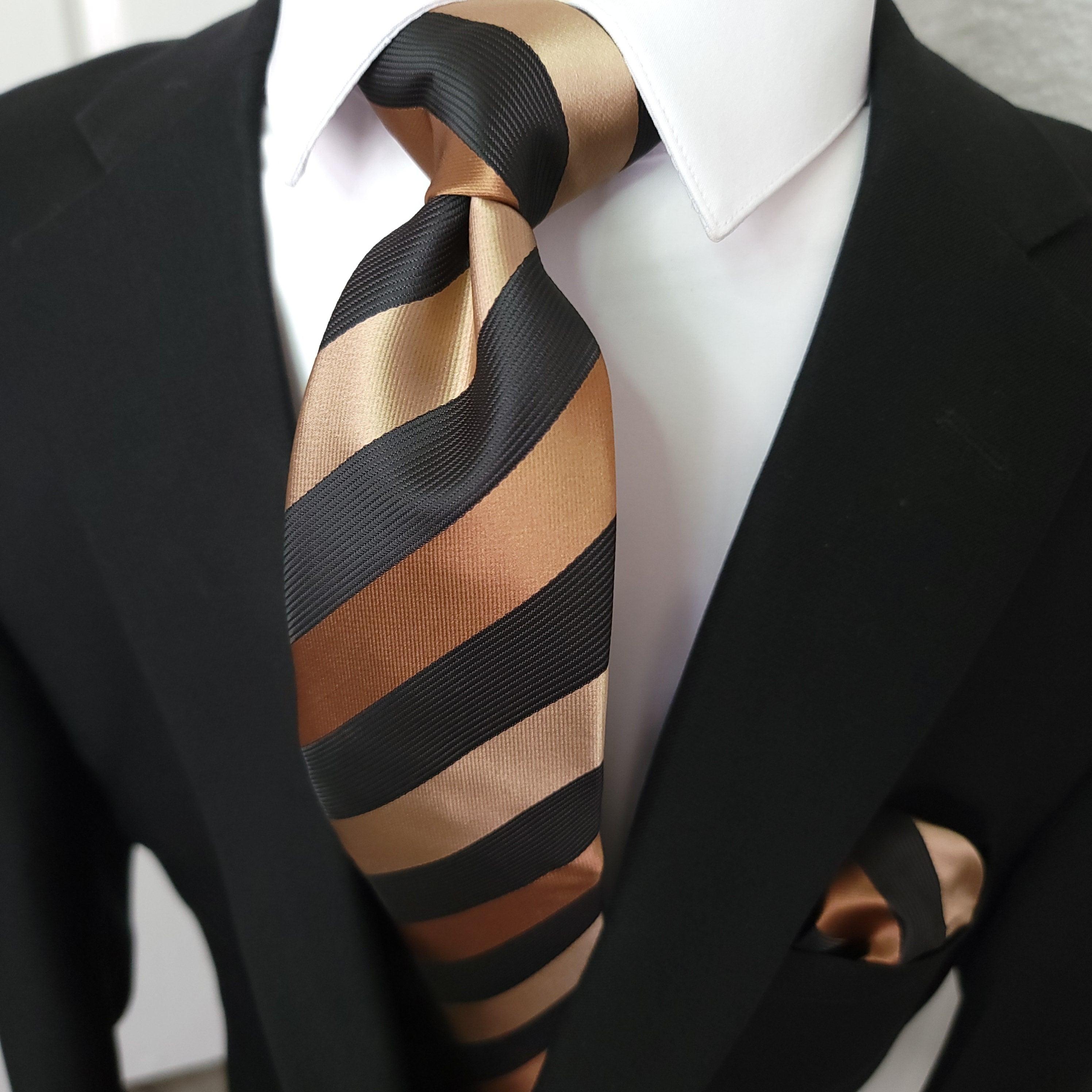Extra Long Black Brown Stripe Tie Pocket Square Cufflink Set - STYLETIE