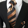 Extra Long Black Brown Stripe Tie Pocket Square Cufflink Set - STYLETIE