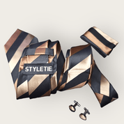 Extra Long Black Brown Stripe Tie Pocket Square Cufflink Set - STYLETIE