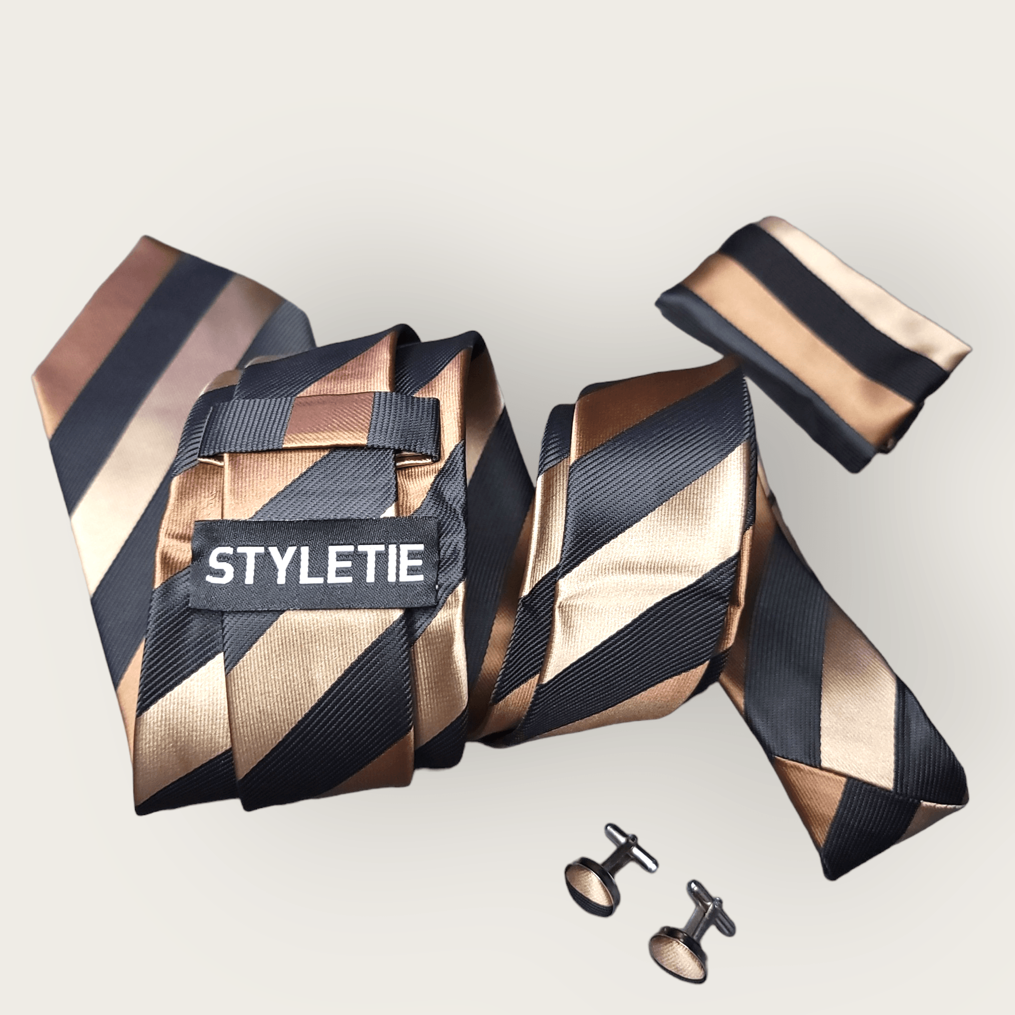 Extra Long Black Brown Stripe Tie Pocket Square Cufflink Set - STYLETIE