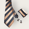 Extra Long Black Brown Stripe Tie Pocket Square Cufflink Set - STYLETIE