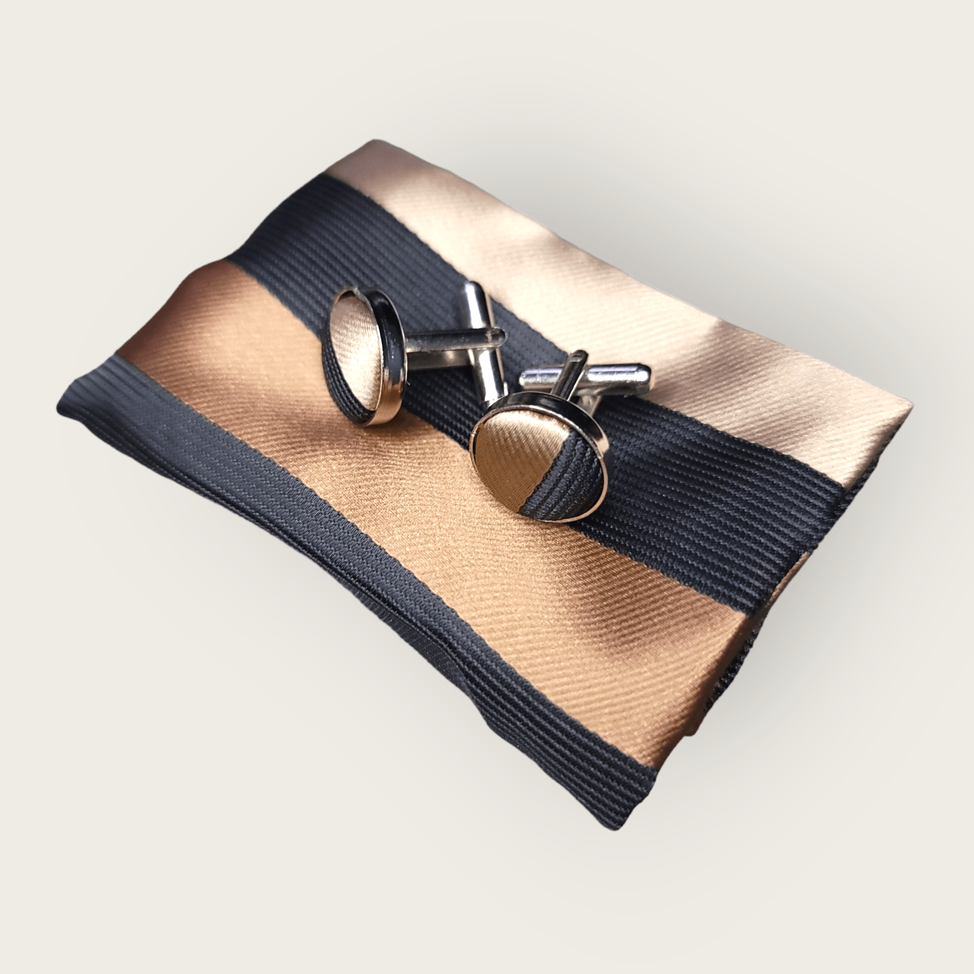 Extra Long Black Brown Stripe Tie Pocket Square Cufflink Set - STYLETIE