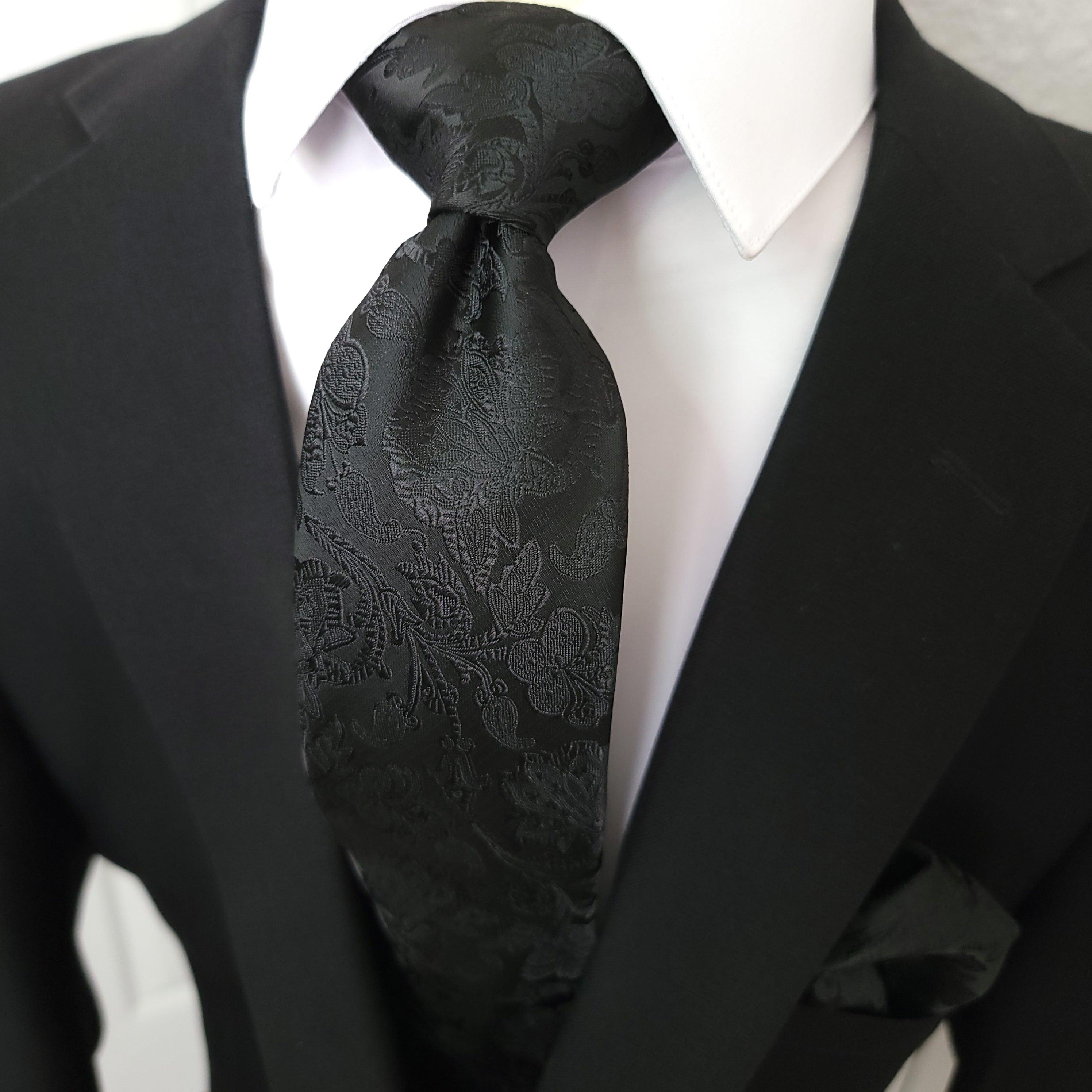 Extra Long Black Flower Tie Pocket Square Cufflink Set - STYLETIE