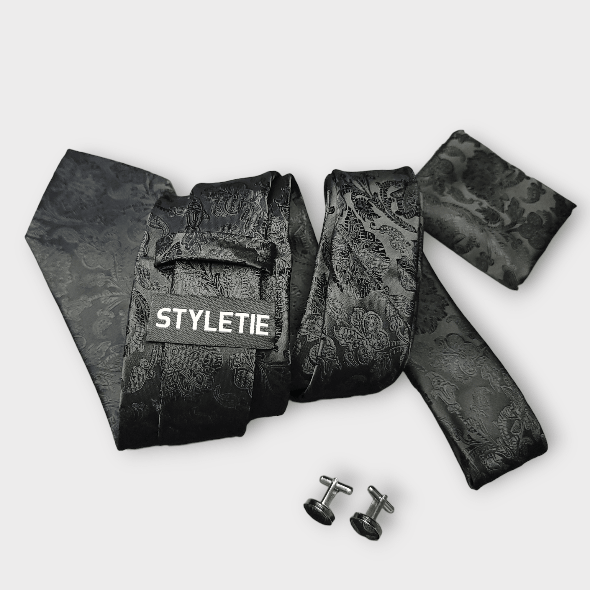 Extra Long Black Flower Tie Pocket Square Cufflink Set - STYLETIE