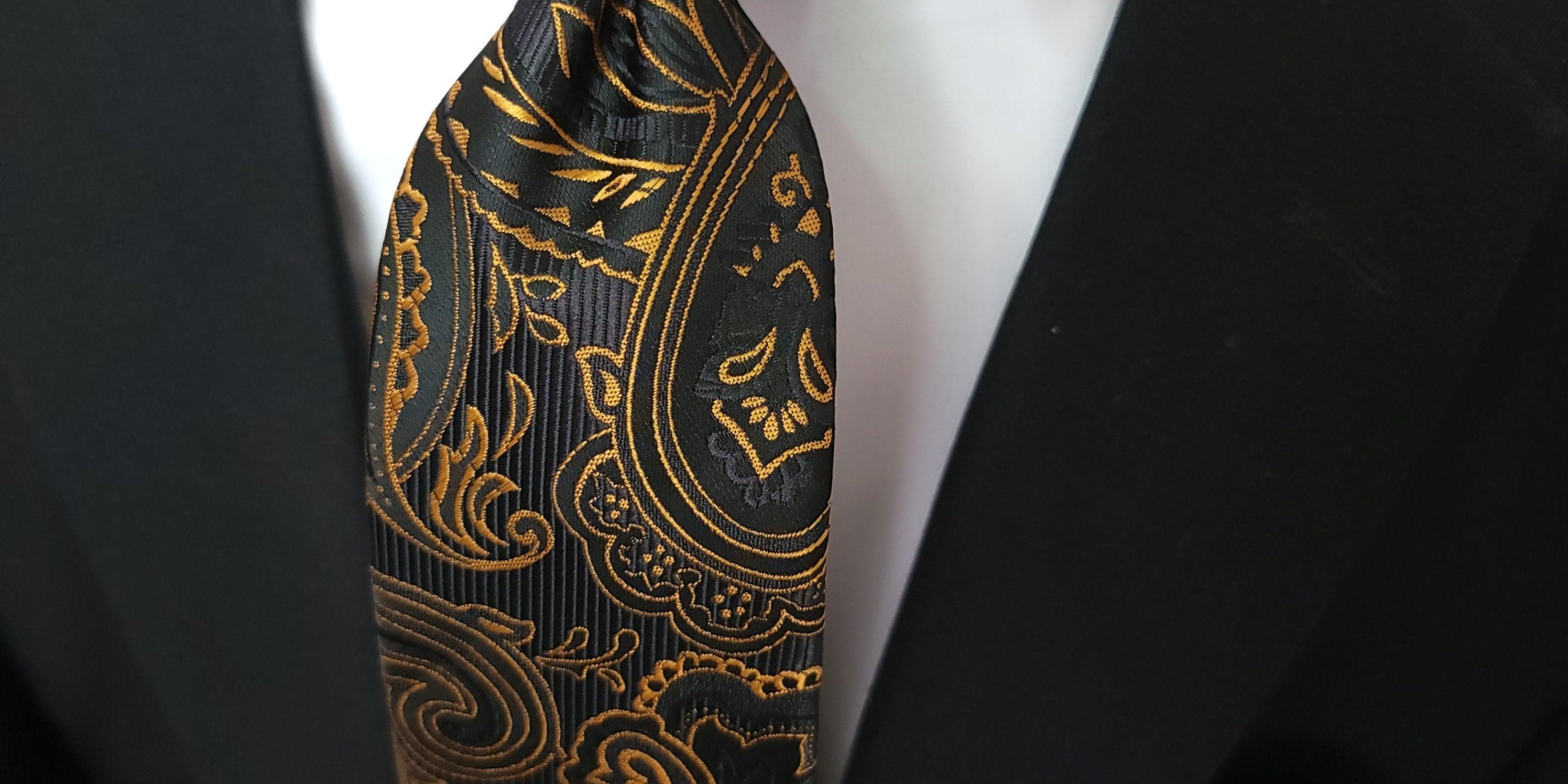 Extra Long Black Gold Paisley Tie Pocket Square Cufflink Set - STYLETIE