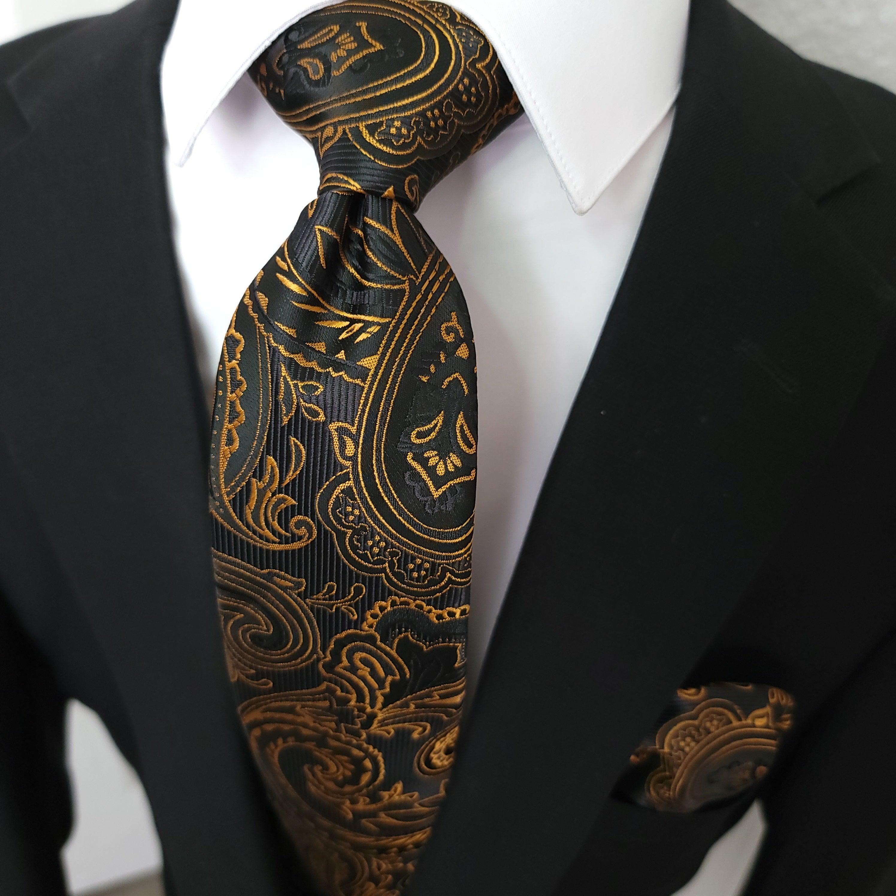 Extra Long Black Gold Paisley Tie Pocket Square Cufflink Set - STYLETIE