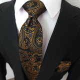 Extra Long Black Gold Paisley Tie Pocket Square Cufflink Set