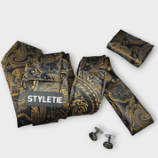 Extra Long Black Gold Paisley Tie Pocket Square Cufflink Set - STYLETIE
