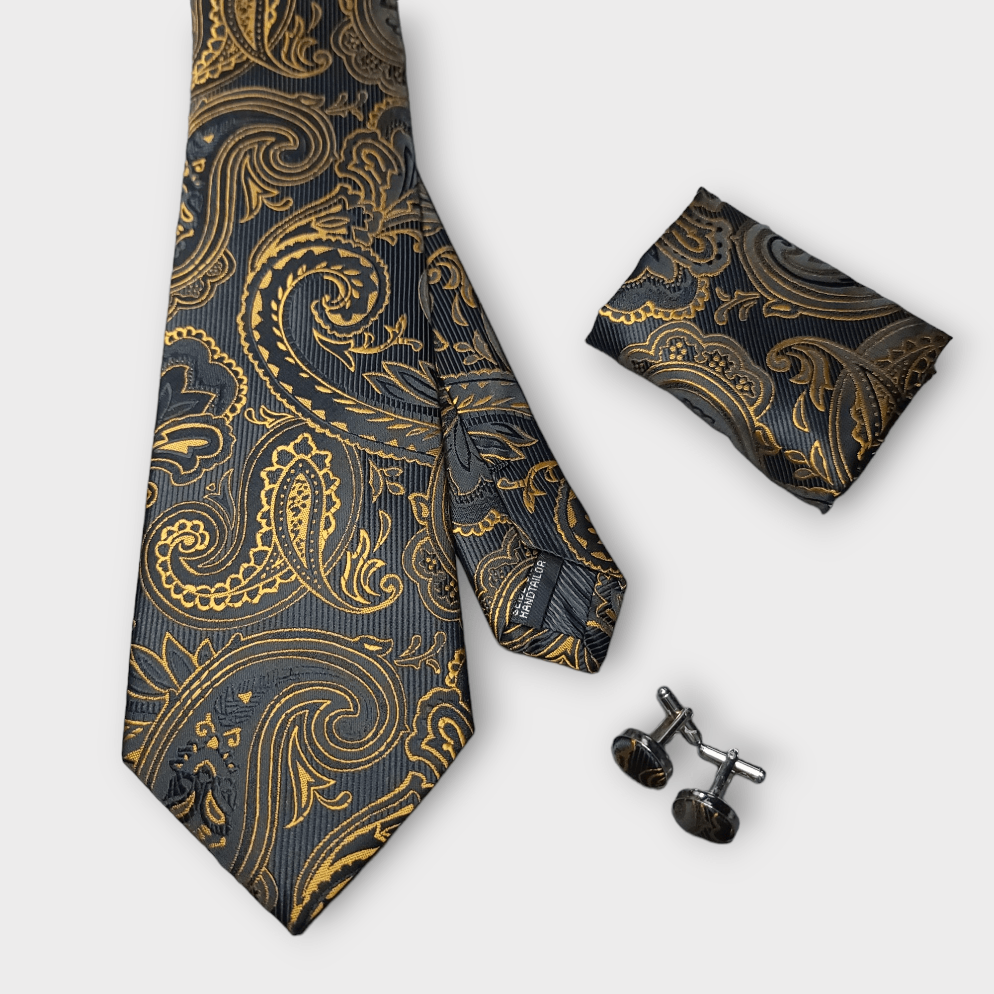 Extra Long Black Gold Paisley Tie Pocket Square Cufflink Set - STYLETIE