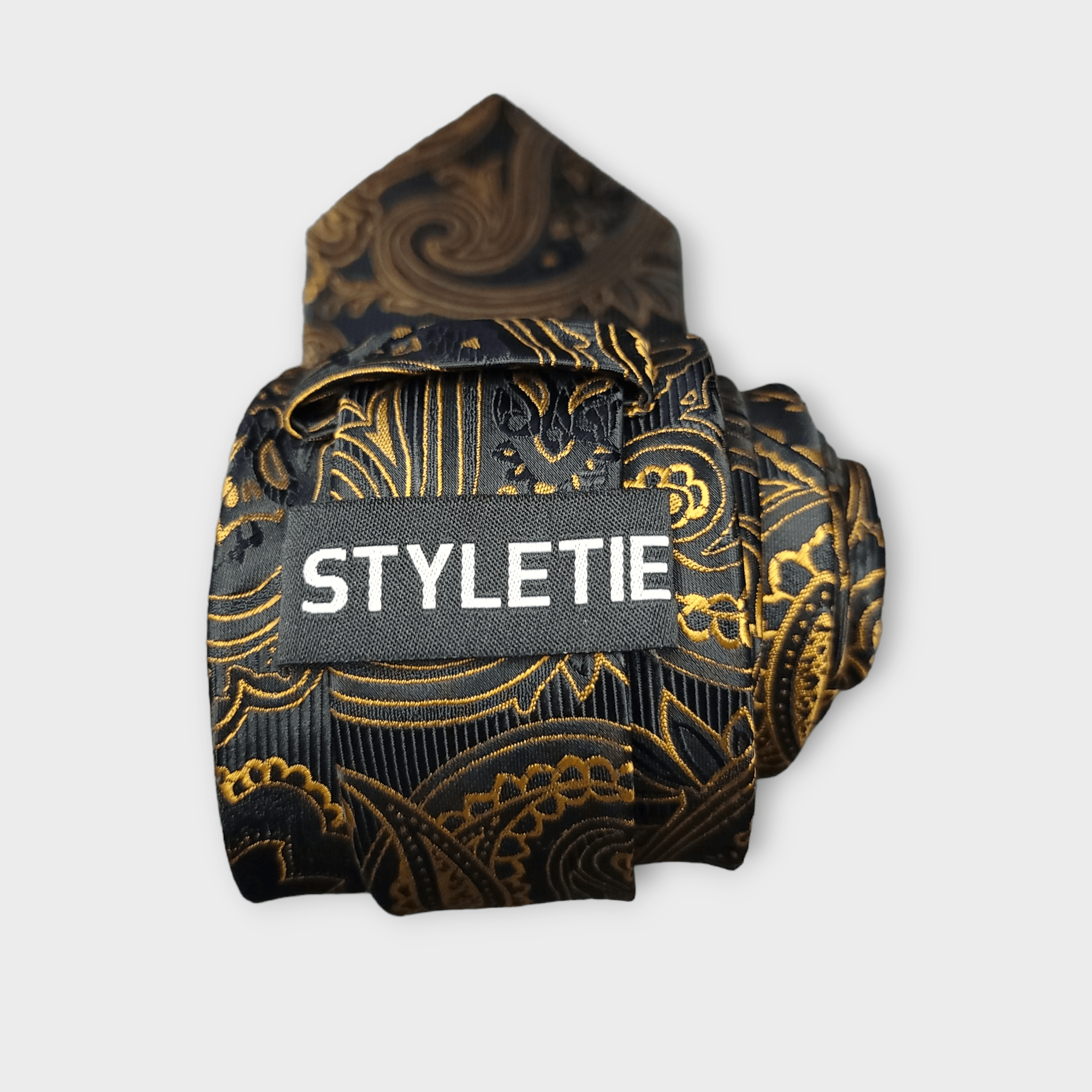 Extra Long Black Gold Paisley Tie Pocket Square Cufflink Set - STYLETIE