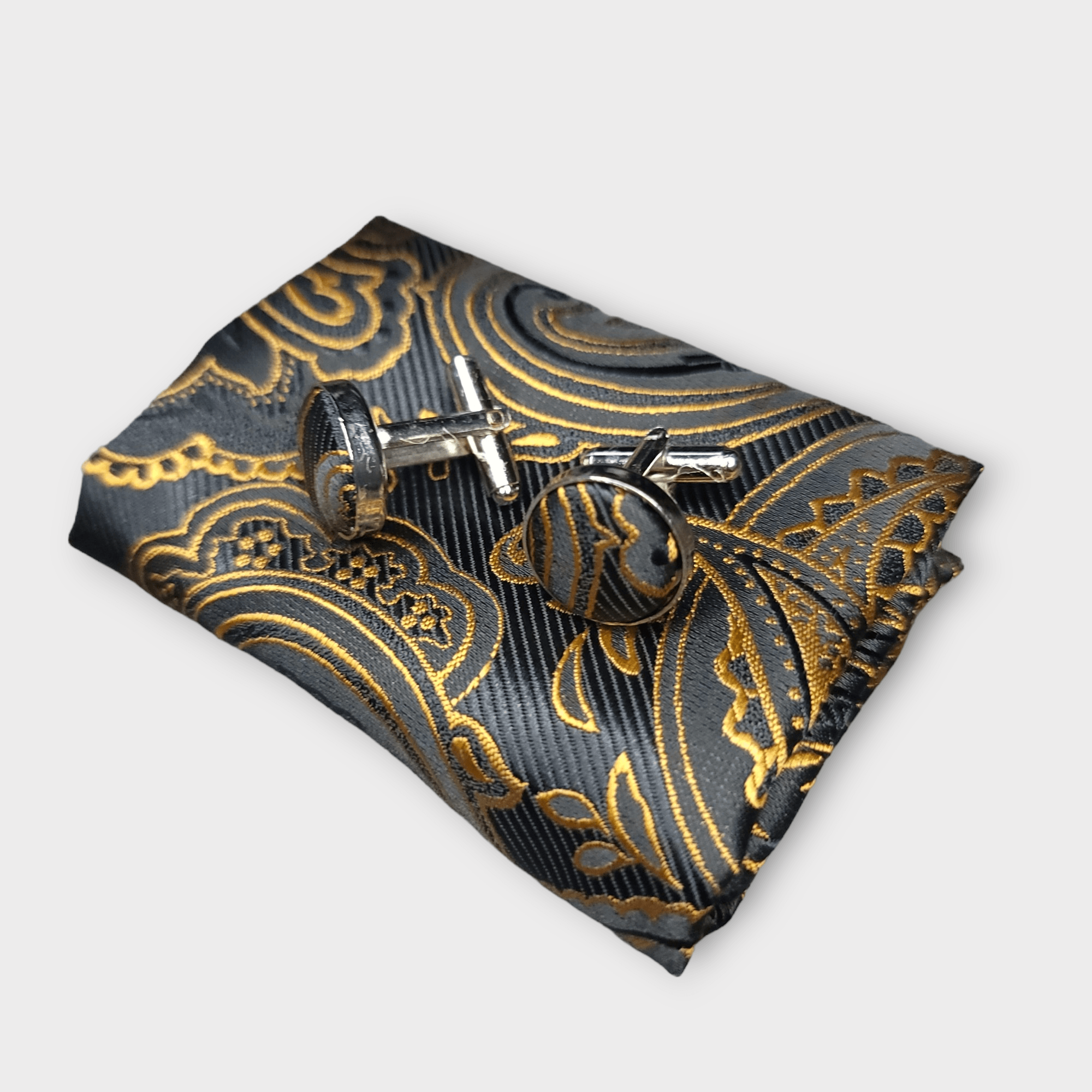 Extra Long Black Gold Paisley Tie Pocket Square Cufflink Set - STYLETIE