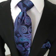 Extra Long Black Navy Blue Purple Paisley Tie Pocket Square Cufflink Set - STYLETIE