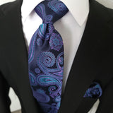 Extra Long Black Navy Blue Purple Paisley Tie Pocket Square Cufflink Set