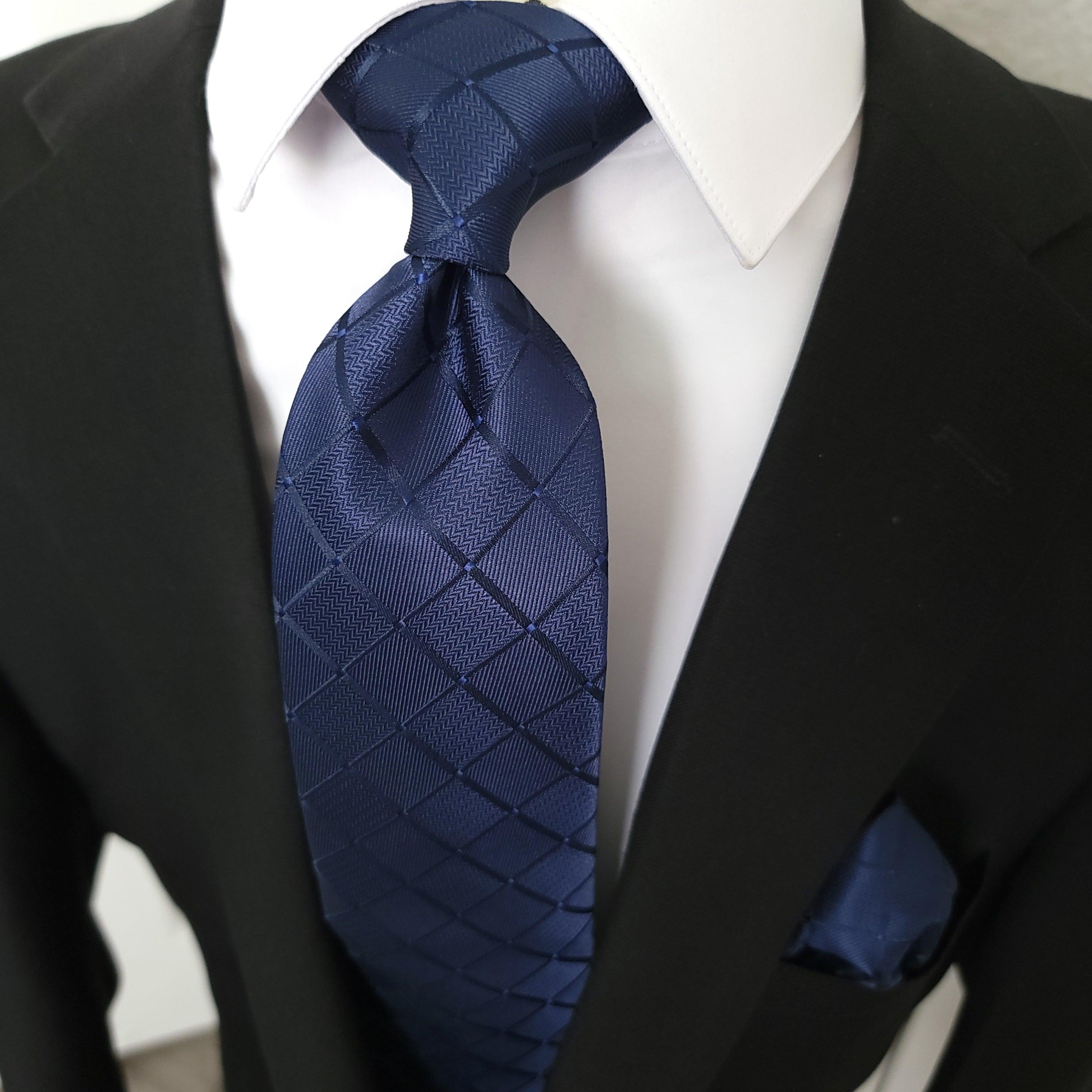 Extra Long Navy Blue Plaid Tie Pocket Square Cufflink Set - STYLETIE