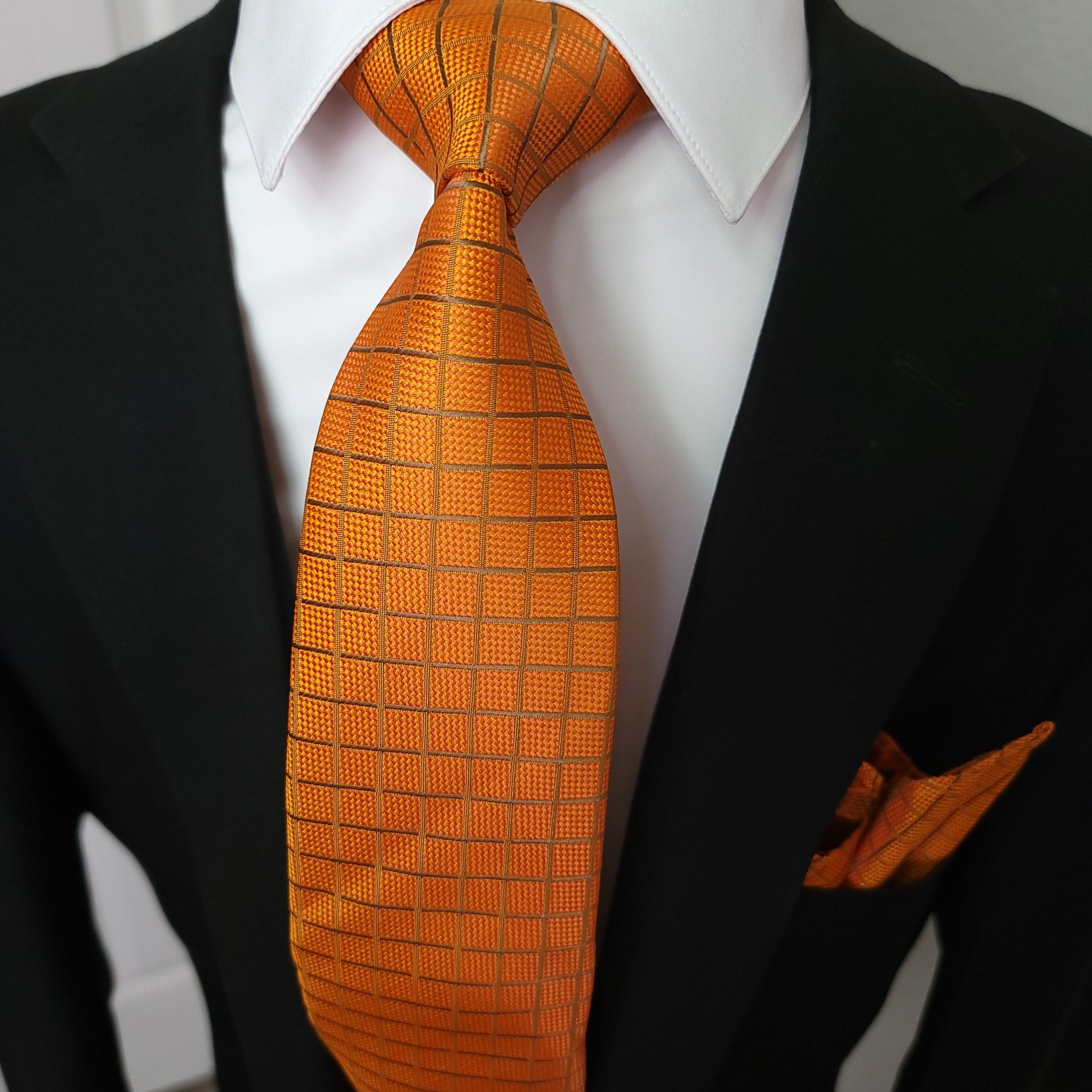 Extra Long Orange Plaid Tie Pocket Square Cufflink Set - STYLETIE