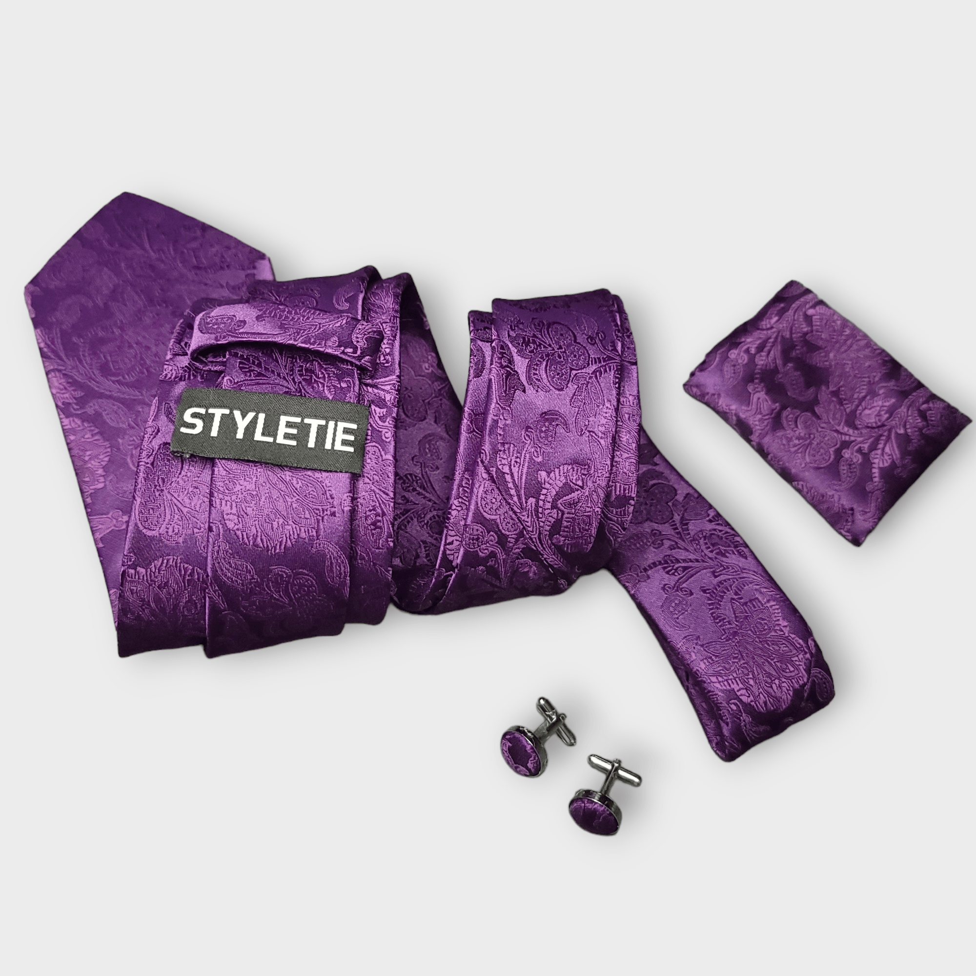 Extra Long Purple Floral Tie Pocket Square Cufflink Set - STYLETIE