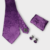 Extra Long Purple Floral Tie Pocket Square Cufflink Set - STYLETIE