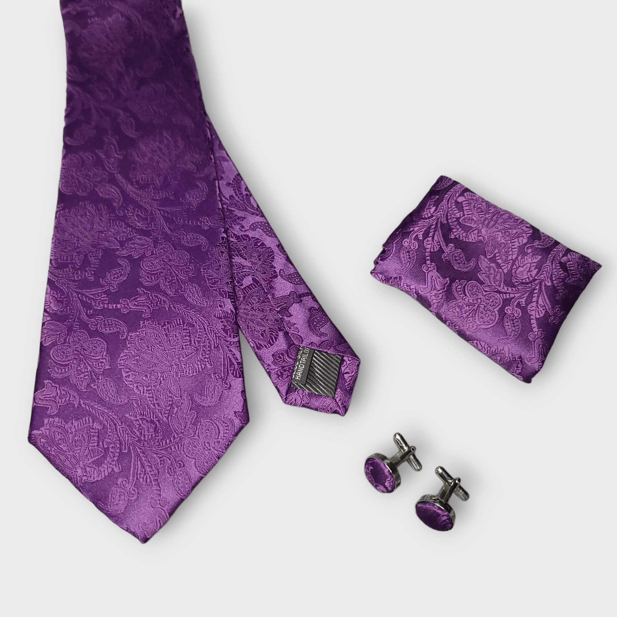 Extra Long Purple Floral Tie Pocket Square Cufflink Set - STYLETIE