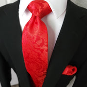 Extra Long Red Floral Tie Pocket Square Cufflink Set - STYLETIE