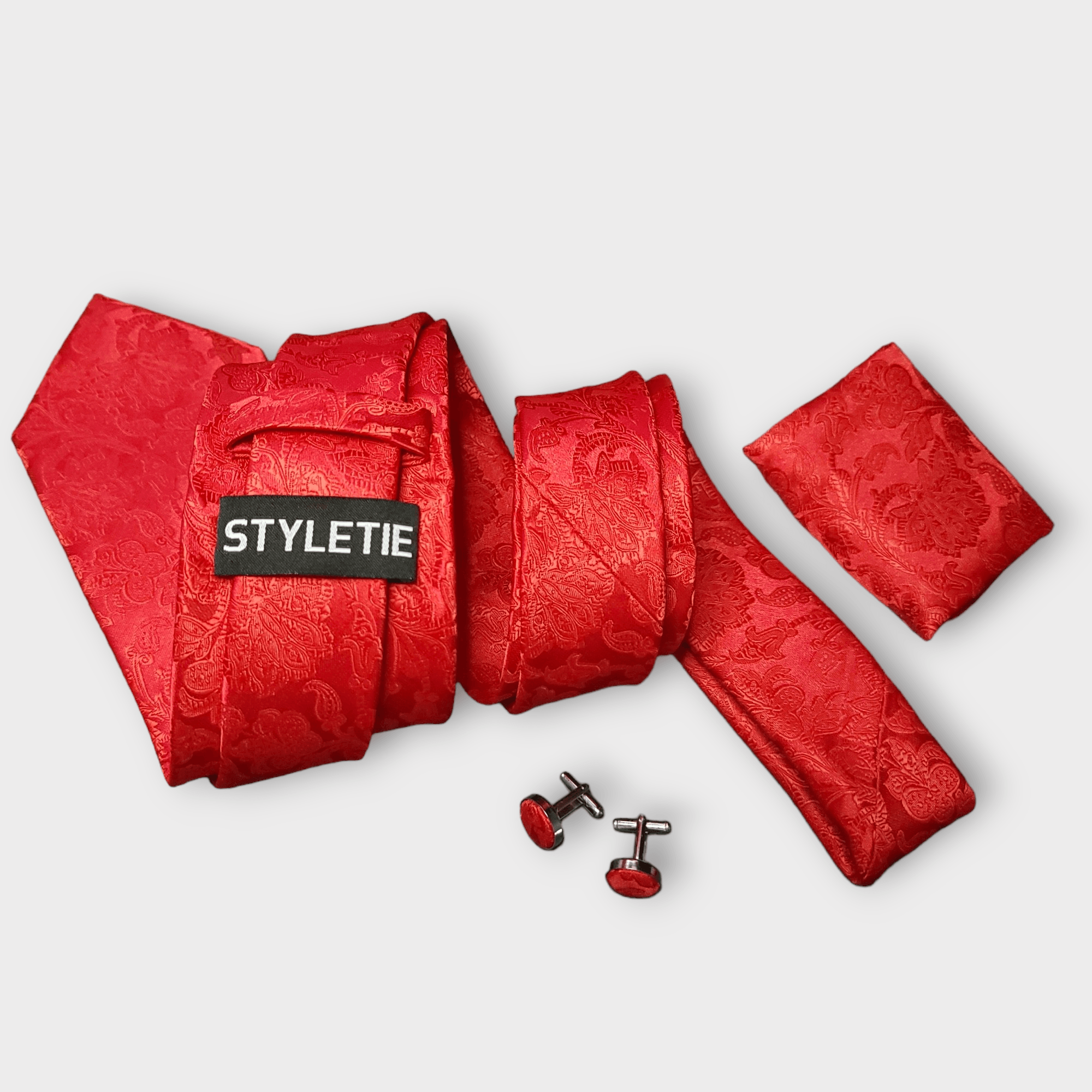 Extra Long Red Floral Tie Pocket Square Cufflink Set - STYLETIE