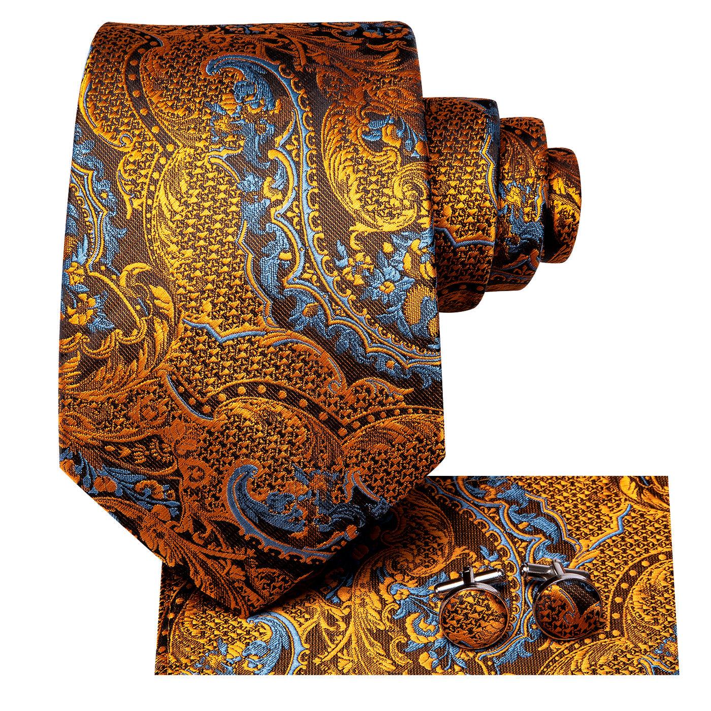 Floral Black Gold Paisley Silk Tie Pocket Square Cufflink Set - STYLETIE