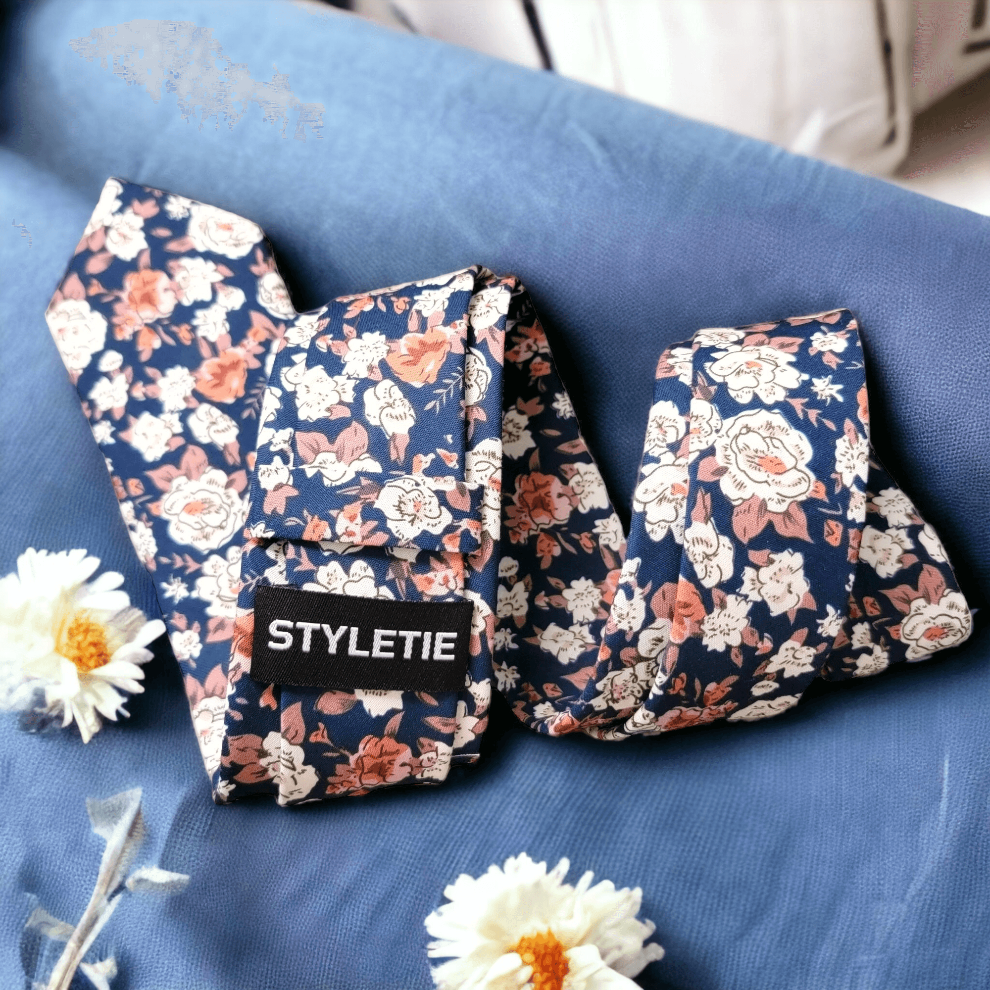 Floral Khaki Navy Blue Slim Tie - STYLETIE