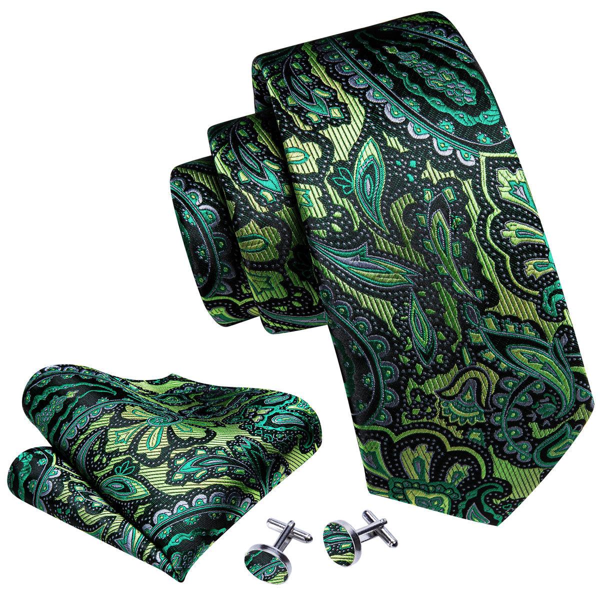 Forest Green Paisley Silk Tie Pocket Square Cufflink Set - STYLETIE