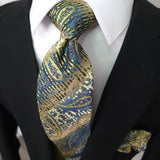 Gold Blue Paisley Silk Tie Pocket Square Cufflink Set