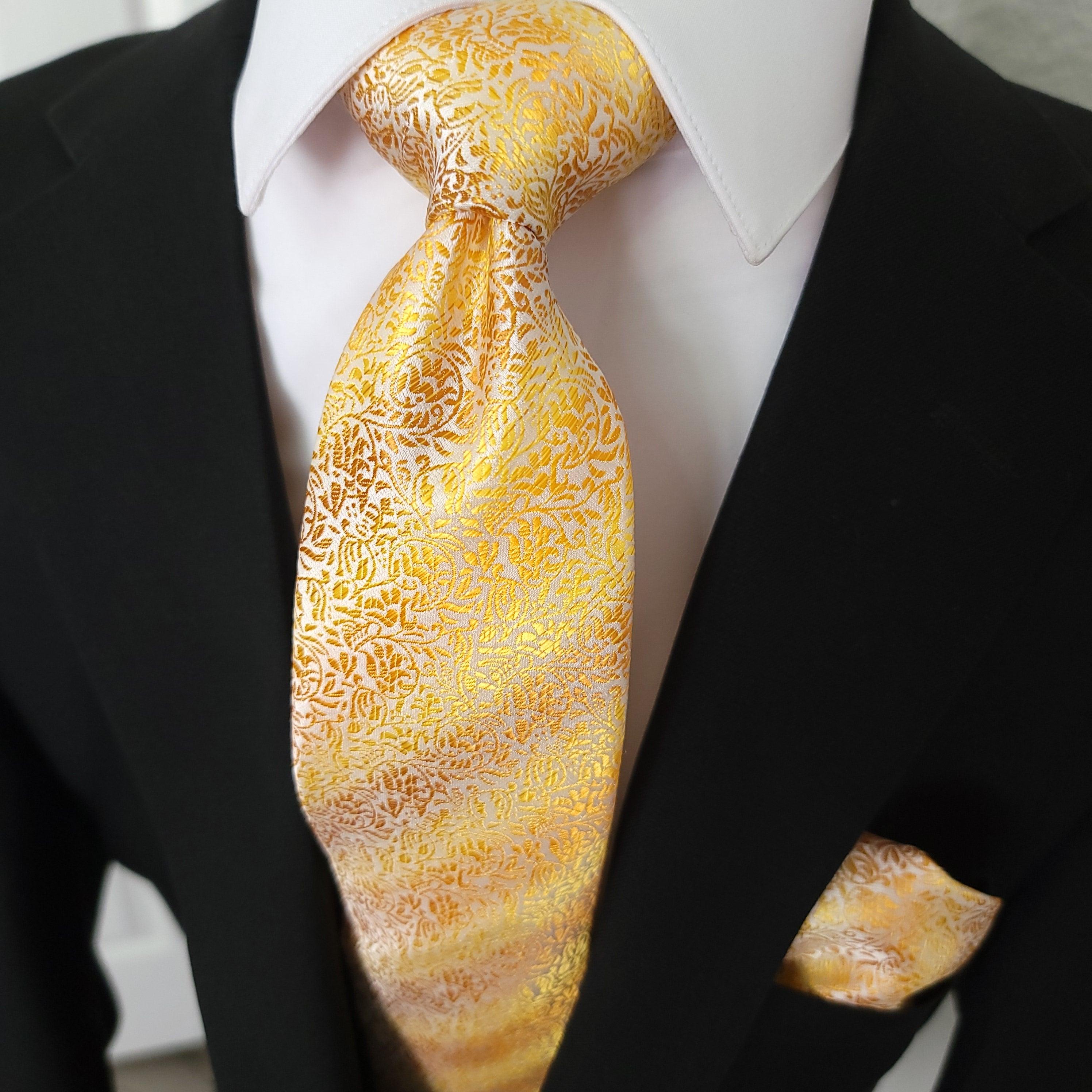 Gold Floral Silk Tie Pocket Square Cufflink Set - STYLETIE