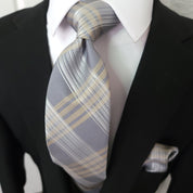 Gold Silver Striped Silk Tie Pocket Square Cufflink Set - STYLETIE