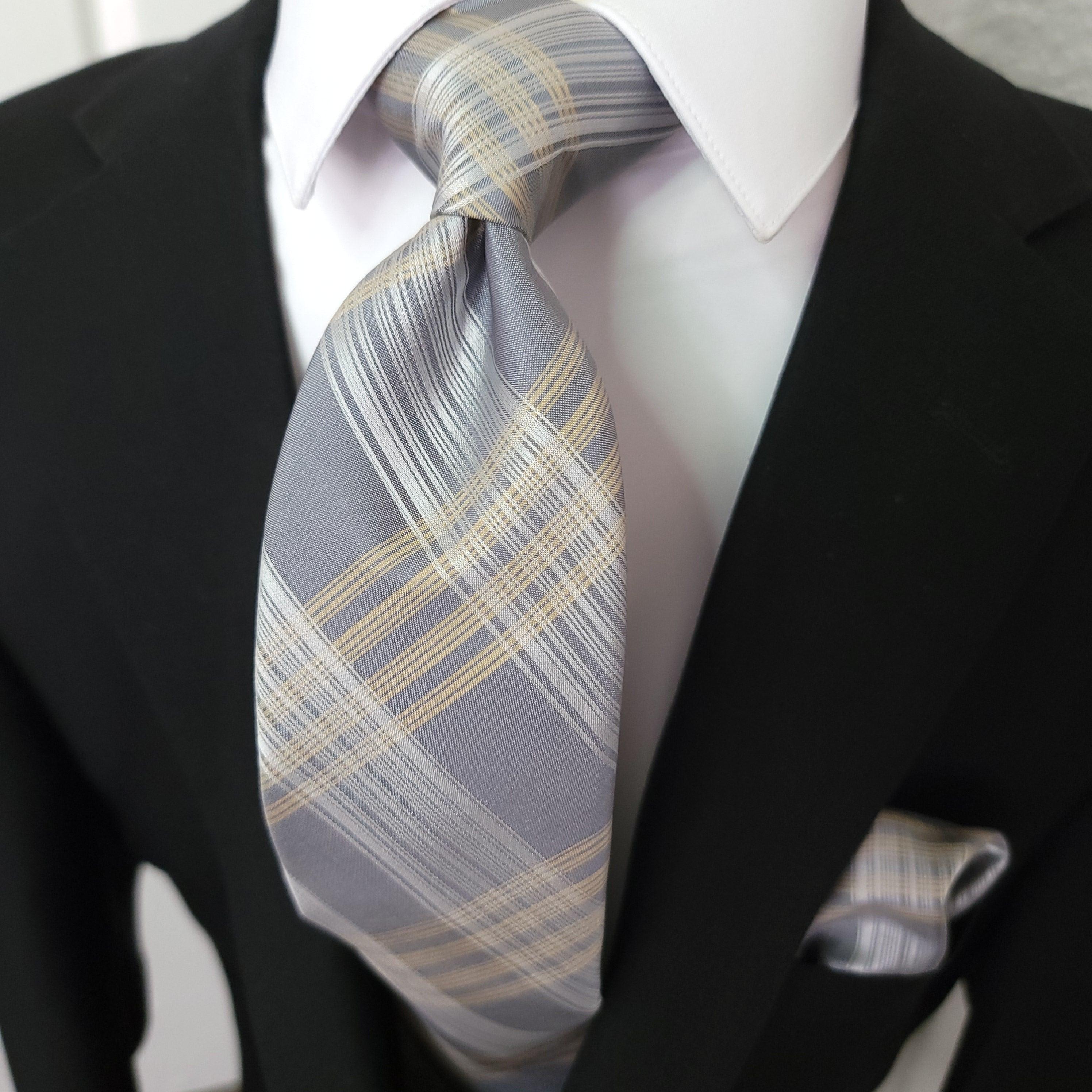 Gold Silver Striped Silk Tie Pocket Square Cufflink Set - STYLETIE