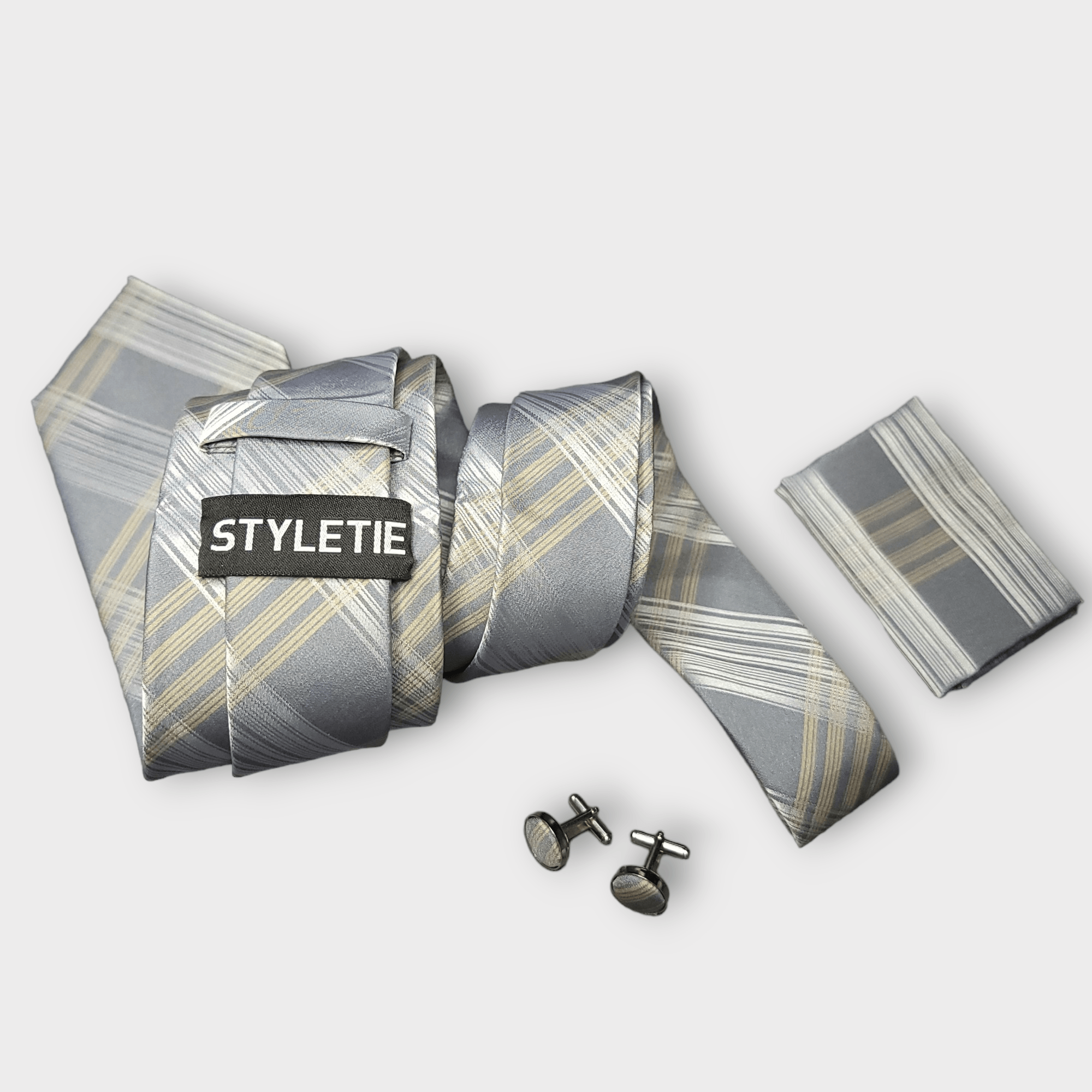 Gold Silver Striped Silk Tie Pocket Square Cufflink Set - STYLETIE