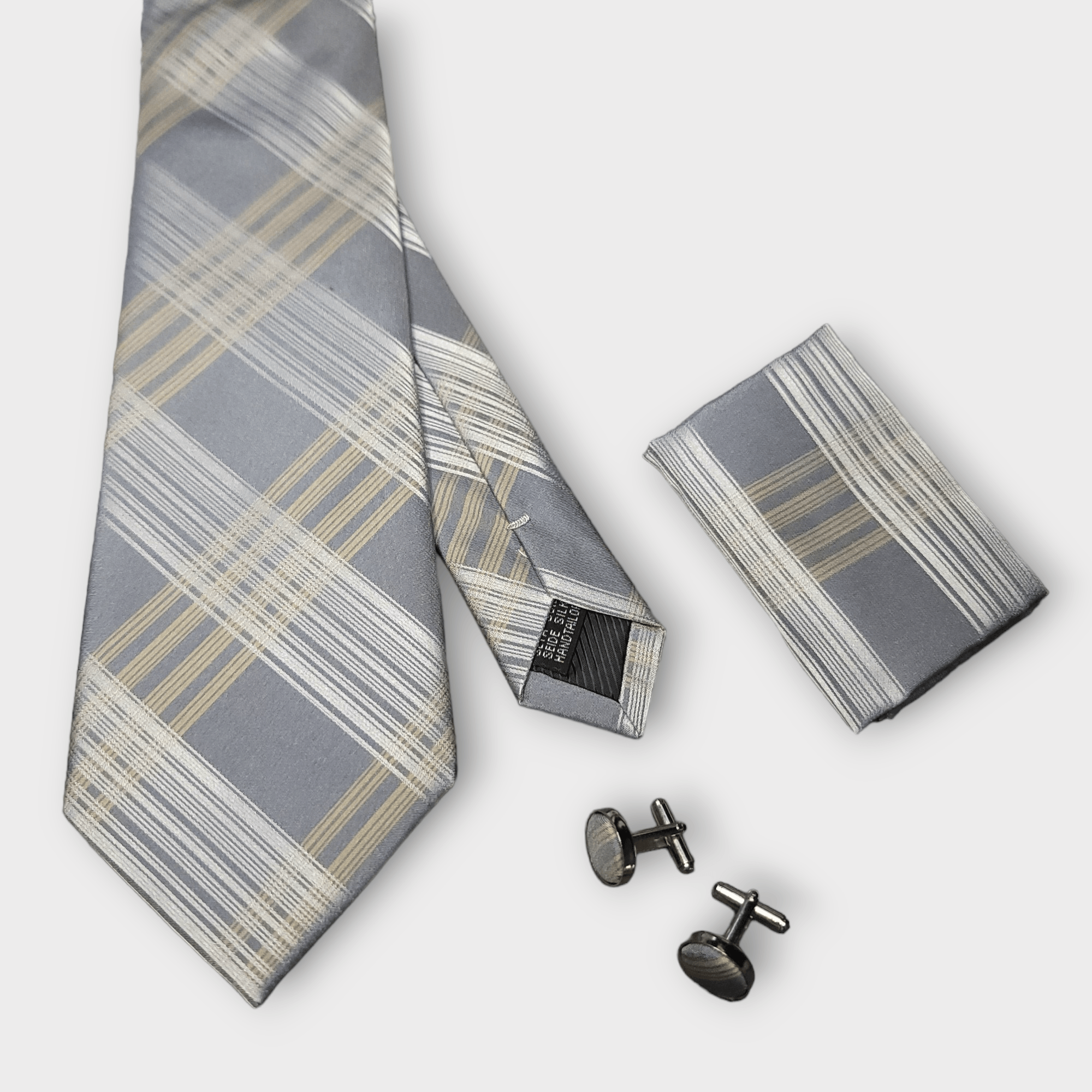 Gold Silver Striped Silk Tie Pocket Square Cufflink Set - STYLETIE