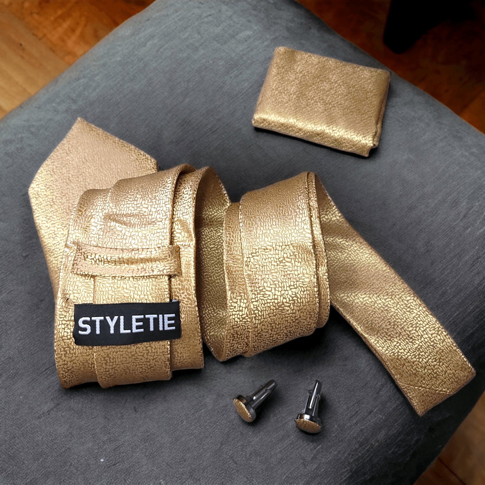 Gold Solid Silk Tie Pocket Square & Cufflinks - STYLETIE